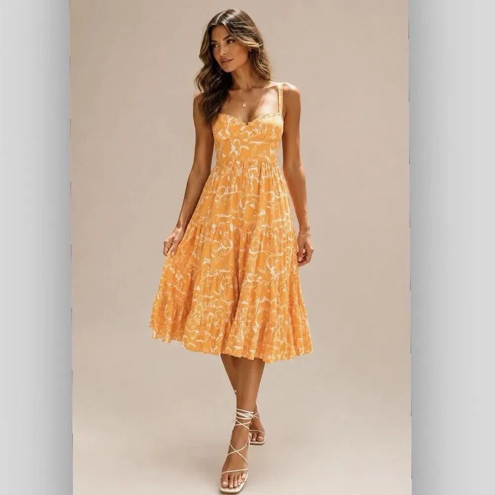 Hello Molly Orange White Floral Open Back Tiered Midi Dress US Size 4 Resortwear